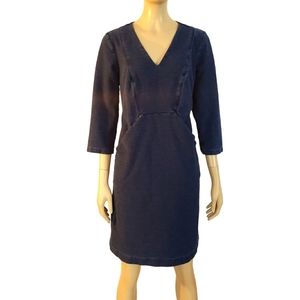 Boden Sheath Dress Womens 8 Petite Denim Blue  Stretch V Neck 3/4 Sleeve